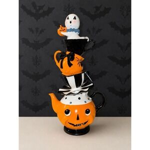New 12.5" Ghoulish Stacked Halloween Ghost Pumpkin Tiered Teapot Decor Figurine